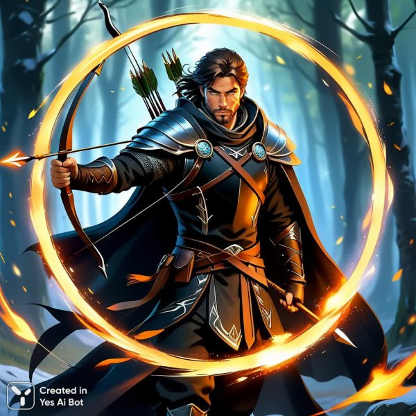 Воин-лучник с магией: плащ, огонь и решимость в глазах. Картинка из нейросети Stable Diffusion