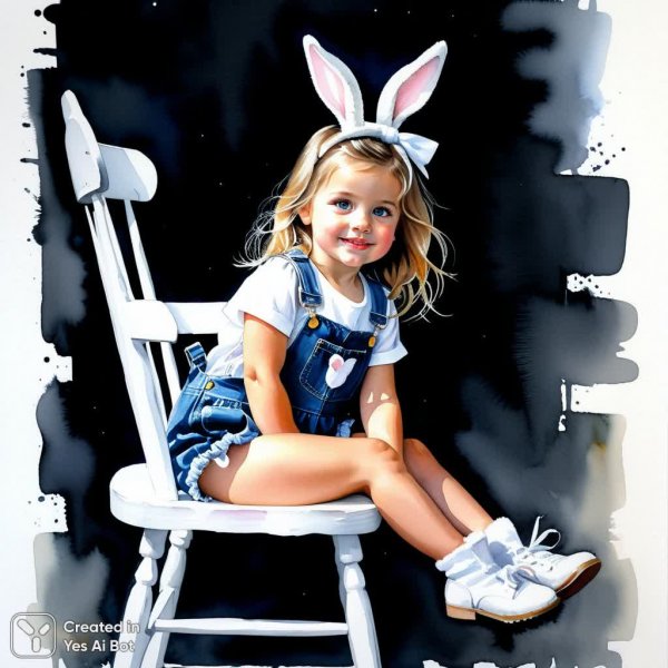 Маленькая девочка в зайчатиках: случайный момент на деревянном стуле. Картинка из нейросети Stable Diffusion