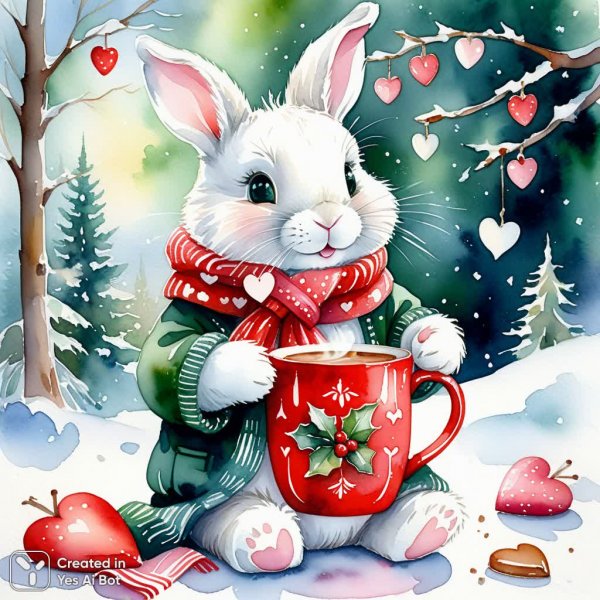 Милый заяц с какао: зимняя сказка в стиле Евы Фарб. Генерация из нейронной сети Stable Diffusion