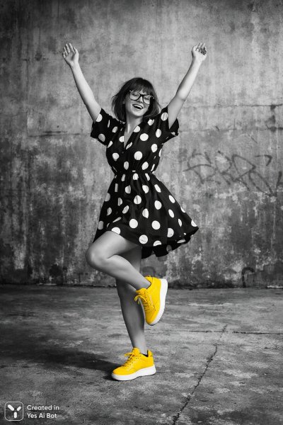 Яркая радость в монохромном мире танца и индустриального фона. Картинка из нейросети Sora