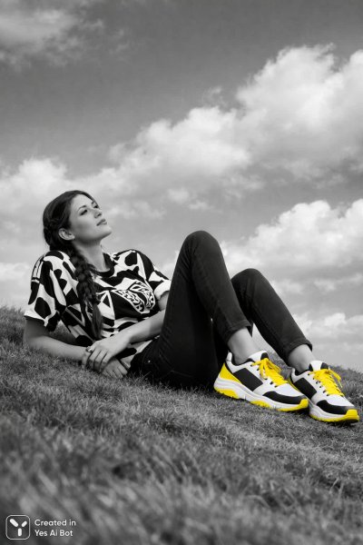 Молодая женщина на холме: минимализм и яркий акцент в черно-белом пейзаже. Изображение из нейросети Sora Images