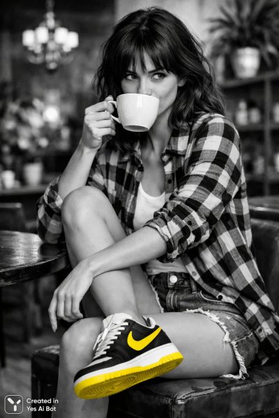 Уютное кафе и яркий акцент: монохромная цифровая иллюстрация с девушкой. Изображение из нейронной сети Sora