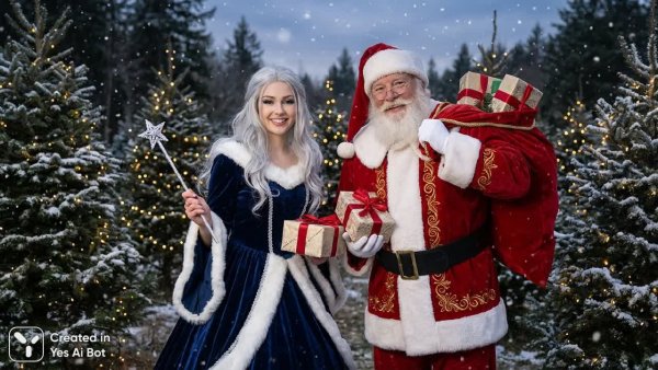 Волшебная встреча: Королева Снега и Санта Клаус в сказочном мире праздника. Картинка из нейросети Nano-Banana