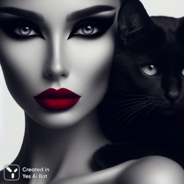 Загадочная красотка в кружеве и с черным макияжем: взгляд полный тайны и кошачье обаяние. Картинка из нейросети Dalle-3