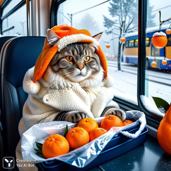 Пушистый кот в шубе на зимней автобусной остановке: новогоднее настроение и уютные хлопоты. Генерация из нейронной сети Stable Diffusion