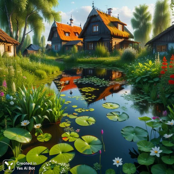 Заброшенный пруд в русской деревне: ботаническая красота и гиперреализм природы. Генерация из нейронной сети Stable Diffusion
