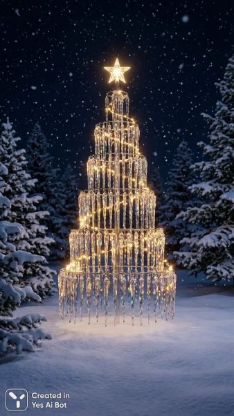 Хрустальная елка: зимнее волшебство в хвойном лесу под звездным небом. Картинка из нейросети NanoBanana