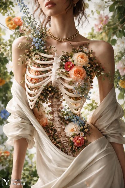 Растворение в цветочном великолепии: хрупкость человеческой формы и буйство природы. Нейросеть Sora Ai Images