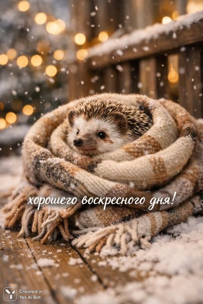 Милый ежик в вязаном шарфе на заснеженной веранде: зимнее очарование и нежность. Картинка из нейронной сети Sora Ai Images