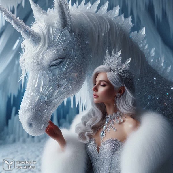 Хрустальный единорог и Королева Снега в сияющем арктическом пейзаже. Генерация из нейросети Dalle