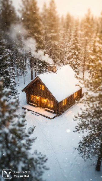 Уютная хижина в зимнем лесу: тепло и спокойствие среди снега. Картинка из нейронной сети Nano Banana