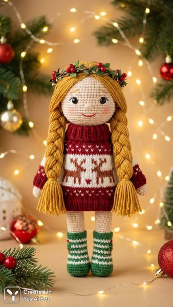 Куколка-амигуруми в праздничном образе: уют и волшебство зимы. Генерация из нейросети Нано Банана
