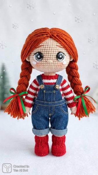 Кукла-амигуруми в праздничном образе с красными косичками и уютным вязаным нарядом. Изображение из нейронной сети NanoBanana