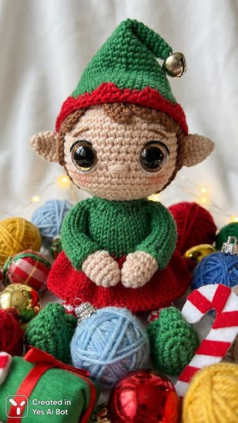 Новогодняя кукла ручной работы в сказочном образе эльфа, полная радости и праздничного настроения. Генерация из нейросети Nano-Banana
