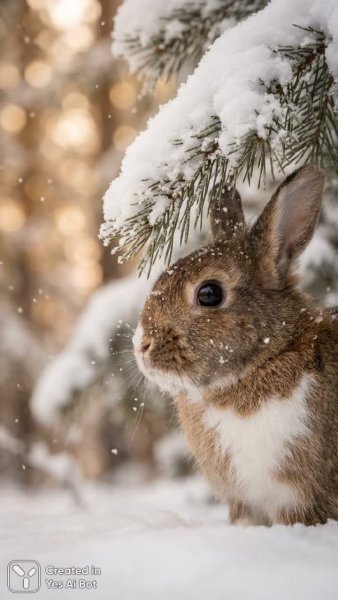 Забавный зайчик в зимнем уюте: трогательный момент под снегом и пушистым лапками. Нейросеть Nano Banana