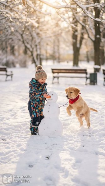 Зимнее детство и радость: волшебный момент в снежном парке. Картинка из нейросети Nano Banana