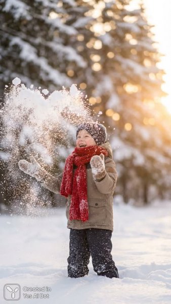 Зимний день радости: мальчик в красном шарфе и снежная атмосфера уюта. Картинка из нейронной сети Нано Банана