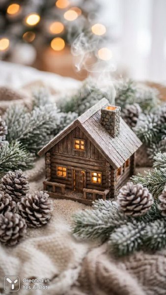 Уютная зимняя сказка: маленький домик в заснеженном лесу с дымком из трубы. Нейросеть Nano-Banana