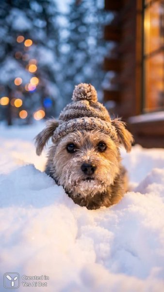 Заснеженная радость маленького друга: очаровательный взгляд из-под снега зимой. Генерация из нейронной сети Нано Банана