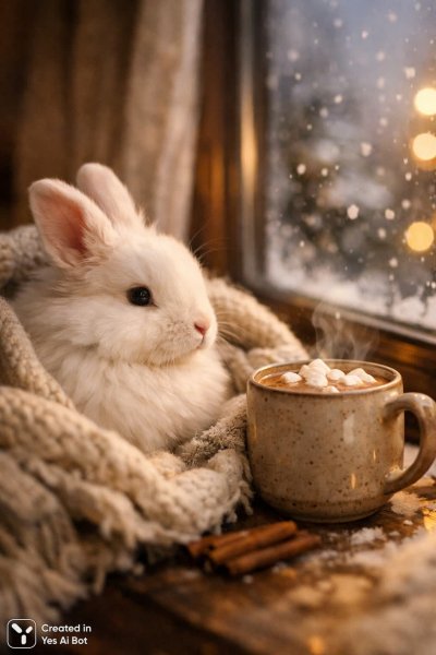 Заснеженная сказка: уютный кролик с какао и теплом зимнего вечера. Изображение из нейронной сети Sora Ai Images