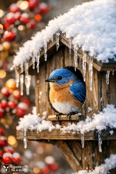 Зимняя идиллия: очарование птичьего домика в снежных объятиях. Картинка из нейросети Sora Image