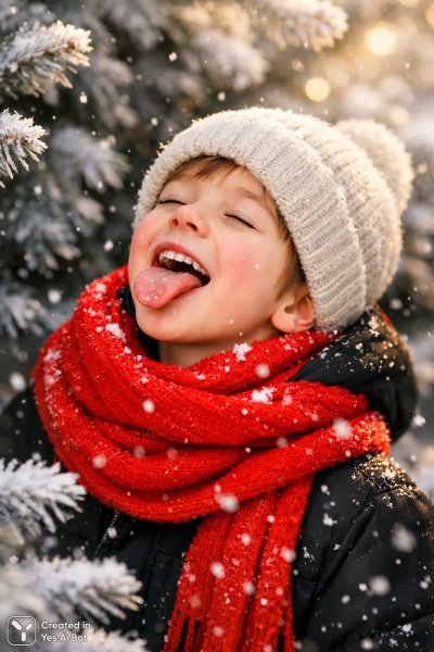 Зимнее очарование: мальчик и снежинки в мягком свете высокой детализации. Картинка из нейронной сети Sora Images