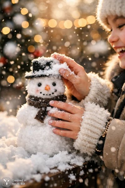 Зимнее волшебство: маленькие руки создают снеговика в солнечном парке. Изображение из нейронной сети Sora images Ai