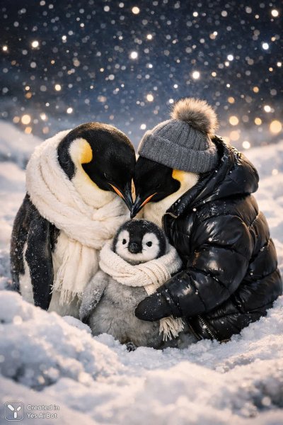 Семейный уют пингвинов в зимней звездной ночи под мягким светом объектива. Нейронная сеть Sora Images