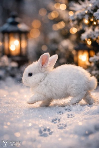 Заснеженный сад и пушистый кролик: зимняя сказка в деталях. Картинка из нейронной сети Sora