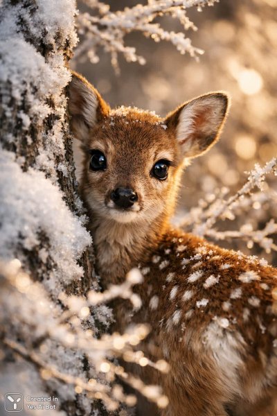Застенчивый олененок в зимнем лесу: фотореалистичная красота и нежность момента. Генерация из нейросети Sora images Ai