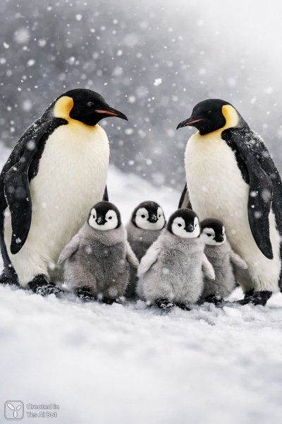 Семейная идиллия пингвинов в зимнем царстве снега и нежности. Изображение из нейронной сети Sora