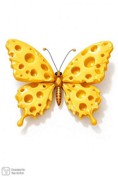 Бабочка из сыра: игривая иллюстрация в ярких тонах и мягких тенях. Картинка из нейросети Sora images Ai