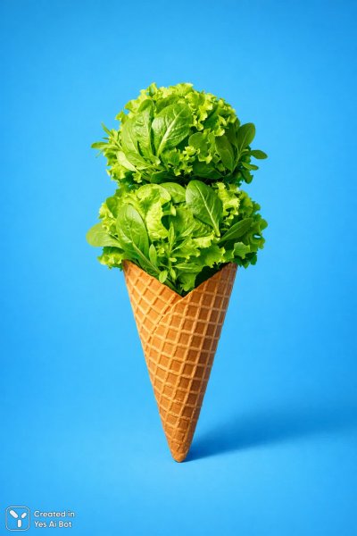Яркое мороженое из салата на синем фоне – креативный минимализм в мире еды. Генерация из нейронной сети Sora Ai Images