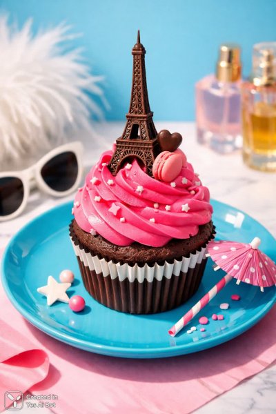 Сюрреалистичный капкейк с Эйфелевой башней из шоколада и розовым кремом. Картинка из нейронной сети Sora