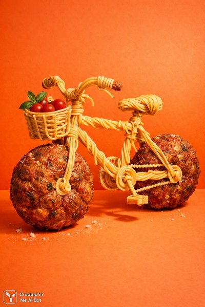 Велосипед из спагетти: сюрреалистичный шедевр кулинарного искусства на оранжевом фоне. Нейронная сеть Sora Ai Images