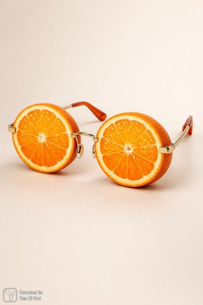 Сюрреалистичные очки с апельсинами вместо линз на белом фоне. Нейросеть Sora Ai Images