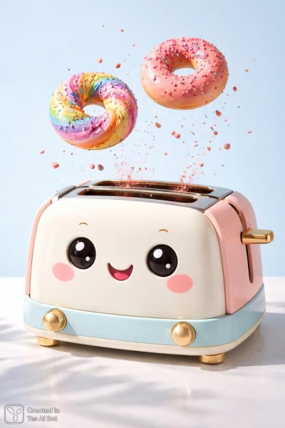 Веселый тостер: радужные булочки и игривый дизайн. Картинка из нейронной сети Sora Images