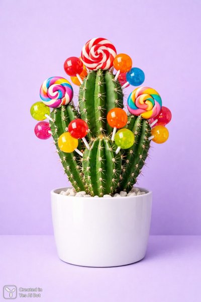 Кактус из леденцов на пастельном фоне: сюрреалистичное великолепие и яркие краски. Генерация из нейросети Sora