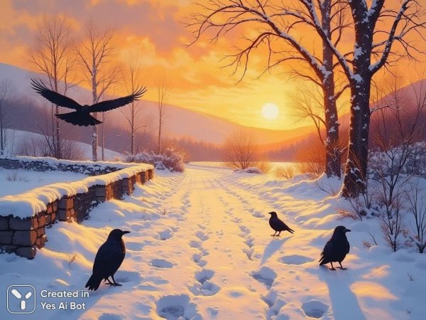 Зимний закат: спокойствие и красота природы в импрессионистском стиле. Картинка из нейросети Flux Ai