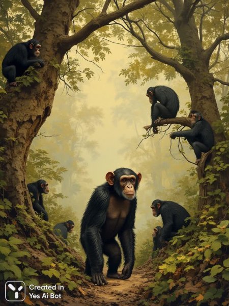 Загадочный взгляд шимпанзе в сердце густых джунглей: созерцание дикой природы. Генерация из нейронной сети Flux