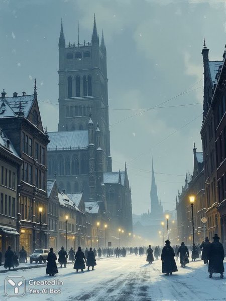 Зимняя улица и величественный готический собор в сумерках. Нейросеть Flux 1