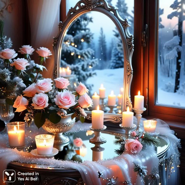 Зимняя сказка: волшебство света и нежности в интерьере. Картинка из нейросети Stable Diffusion