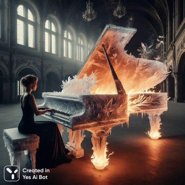 Музыка льда и пламени: симфония стихий в заброшенном зале. Картинка из нейронной сети Dalle 3