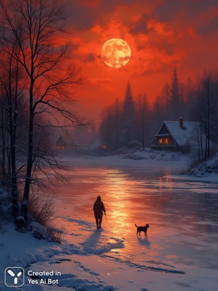 Зимняя ночь: лунный свет и тихая красота заснеженных просторов. Изображение из нейросети Flux 1