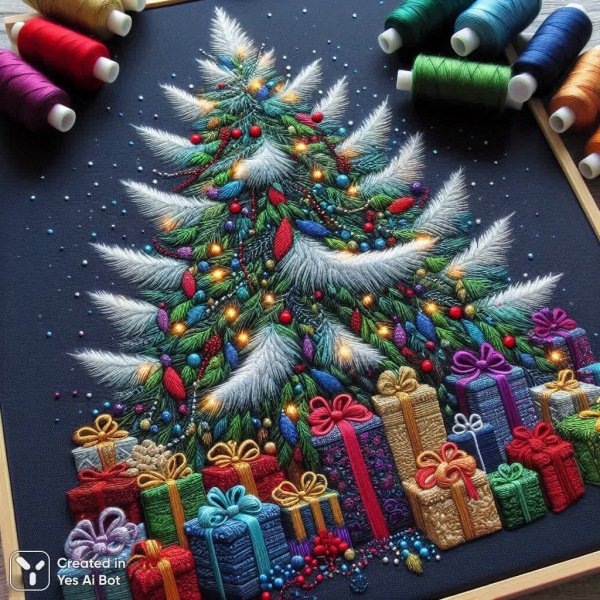 Зимняя сказка: вышивка на льном полотне в морской синеве. Картинка из нейросети Dalle