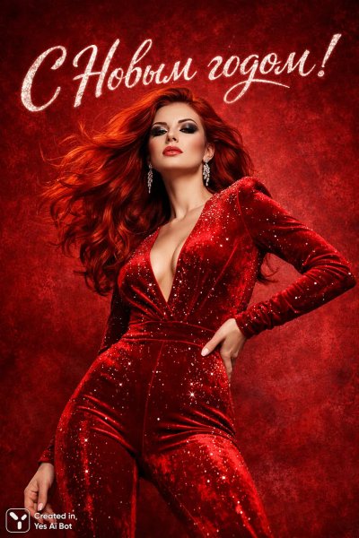 Праздничный портрет: Красота в красном и новогоднее настроение. Изображение из нейросети Sora Ai Images