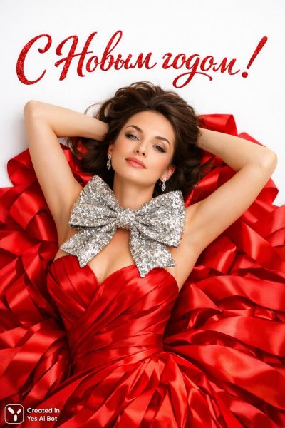 Новогодняя элегантность: портрет в алом шелковом платье и блестящем банте. Изображение из нейронной сети Sora Image