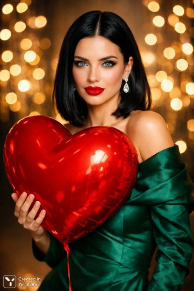 Загадочная красотка с алым сердцем и изумрудным платьем в сказочном свете. Картинка из нейросети Sora