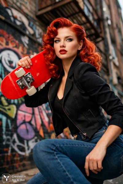 Яркая девушка с огнем в волосах и скейтбордом: дерзкий стиль городской улицы. Генерация из нейросети Sora Ai Images