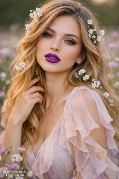 Волшебный портрет: нежность в фиолетовых оттенках и полевых цветах. Генерация из нейросети Sora Image